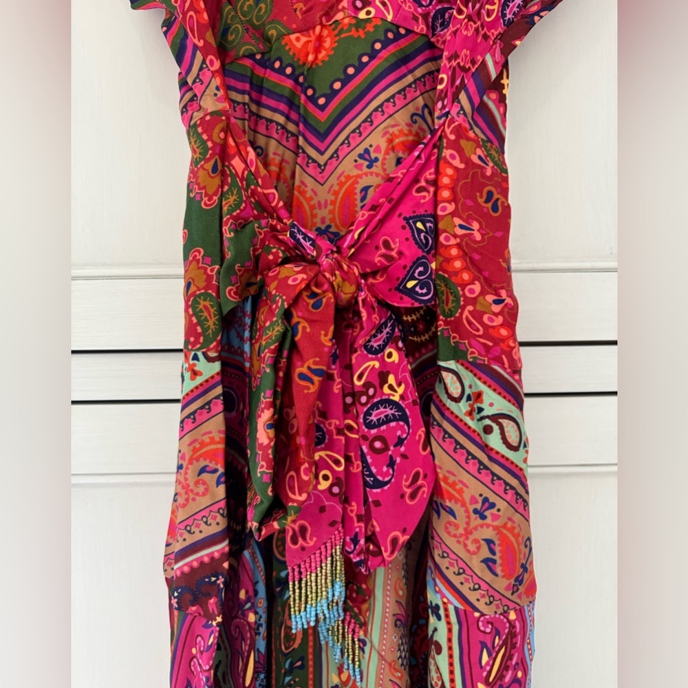Farm Rio Colorful Floral Bandana Beaded Belt Waist Midi Dress size S - Picture 6 of 10
